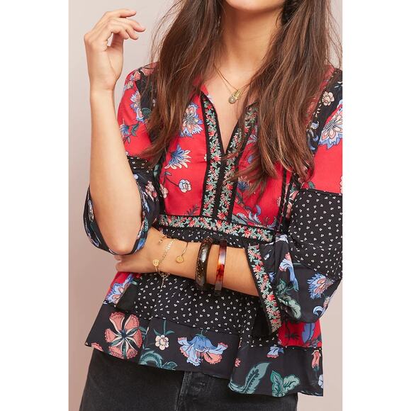 New Anthropologie x Love Sam Naomi Patchwork Peasant Top $275 SMALL Floral Boho - Picture 1 of 5